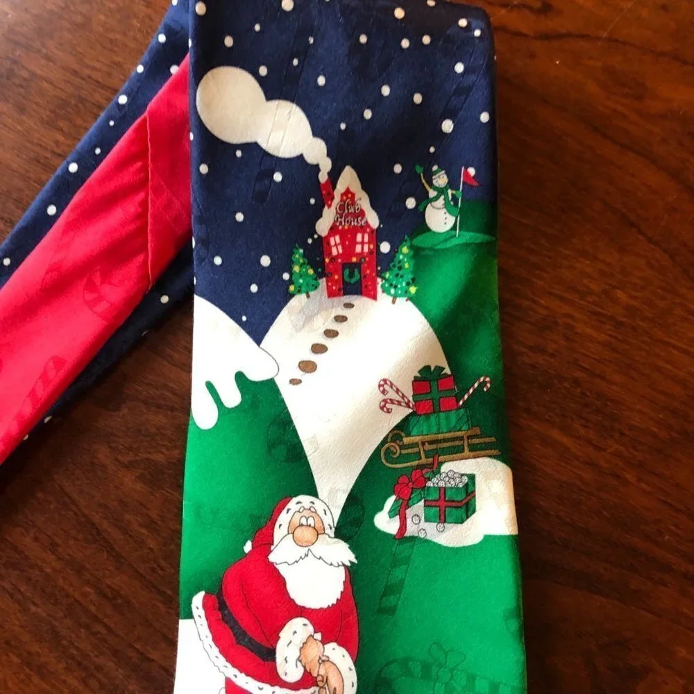 Hallmark Yule Tie Greetings‎ Silk Santa Golfing Tie with Reindeer